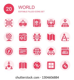 world icon set. Collection of 20 filled world icons included World, Network, Passport, Worldwide, Earth globe, Browser, Global, Map, Compass, Globe, Website, Border