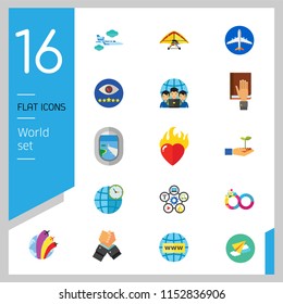 World Icon Set. Fairy Tales Infinity Sign Burning Heart Air Show Plane Window Hand Holding Plant Internet World Time Oath Struggle Virtual Team Quality Management