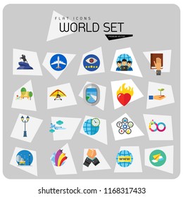 World Icon Set. Fairy Tales Infinity Sign Burning Heart Air Show Plane Window Hand Holding Plant Internet World Time Oath Struggle Virtual Team Quality Management