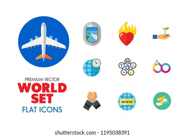 World Icon Set. Fairy Tales Infinity Sign Burning Heart Air Show Plane Window Hand Holding Plant Internet World Time Oath Struggle Virtual Team Quality Management