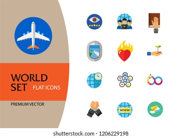 World Icon Set. Fairy Tales Infinity Sign Burning Heart Air Show Plane Window Hand Holding Plant Internet World Time Oath Struggle Virtual Team Quality Management