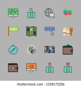 world icon set. vector set about earth globe, map, wallet and road map icons set.