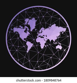 The World icon. Vector polygonal map of the world. The globe icon in geometric style. The globe map with purple low poly gradient on dark background.