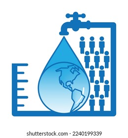 Icono mundial en forma de gota de agua que cae del grifo, rodeado por el símbolo de crecimiento de la población y la escala de medición. Concepto mundial de distribución de agua dulce. Ilustración vectorial.