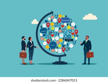 World of Icons and business. Focus on global business goals. Modern vector illustration in flat style