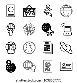 World icons. set of 16 editable outline world icons such as passport, planet and satellite, newspaper, ribbon on hand, globe download, user globe, laptop signal, world map