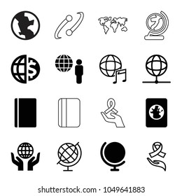 World icons. set of 16 editable filled and outline world icons such as passport, globe, globe and man, ribbon on hand, international music, world map
