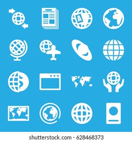 World icons set. set of 16 world filled icons such as passport, globe, globe and plane, newspaper, planet, world map