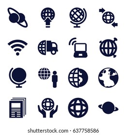 World icons set. set of 16 world filled icons such as globe, qround the globe, wi-fi, laptop signal, newspaper, planet and satellite, planet