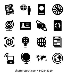 World icons set. set of 16 world filled icons such as passport, plane, globe, news, laptop signal, globe and man, newspaper, planet and satellite, planet, world map