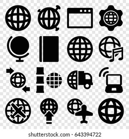 World icons set. set of 16 world filled icons such as passport, plane, globe and plane, qround the globe, international music, laptop signal, international delivery