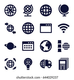 World icons set. set of 16 world filled icons such as plane, globe, qround the globe, wi-fi, newspaper, planet, international delivery, browser window, globe download