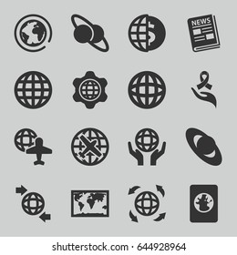 World icons set. set of 16 world filled icons such as plane, globe and plane, qround the globe, ribbon on hand, news, passport, planet and satellite, planet