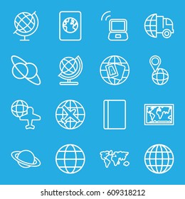 World icons set. set of 16 world outline icons such as passport, plane, globe, globe and plane, pin on globe, laptop signal, international delivery, world map
