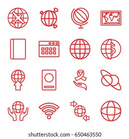 World icons set. set of 16 world outline icons such as passport, plane, qround the globe, holding globe, ribbon on hand, wi-fi, world map, planet and satellite