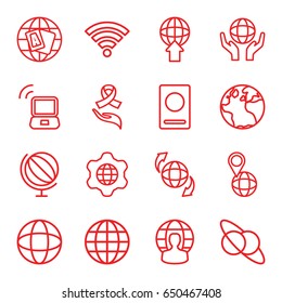 World icons set. set of 16 world outline icons such as passport, globe, qround the globe, ribbon on hand, wi-fi, laptop signal