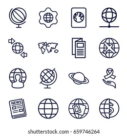 World icons set. set of 16 world outline icons such as plane, globe, news, qround the globe, ribbon on hand, passport, world map