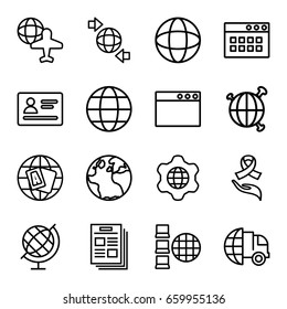 World icons set. set of 16 world outline icons such as passport, globe, globe and plane, ribbon on hand, international delivery, browser window, internet