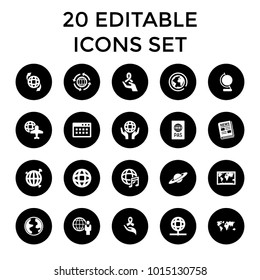 World icons. set of 20 editable filled world icons such as planet, globe and plane, qround the globe, ribbon on hand. best quality world elements in trendy style.