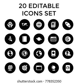World icons. set of 20 editable filled world icons such as passport, globe, planet, globe dollar, holding globe, newspaper. best quality world elements in trendy style.