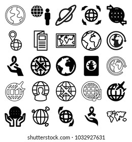 World icons. set of 25 editable filled and outline world icons such as plane, qround the globe, globe and man, planet, ribbon on hand, passport, news, world map