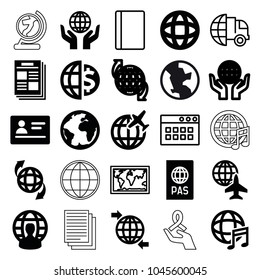 World icons. set of 25 editable filled and outline world icons such as passport, qround the globe, newspaper, planet, international music, user globe, international delivery