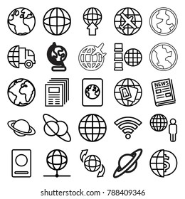 World icons. set of 25 editable outline world icons such as passport, globe, plane, international delivery, globe dollar, planet and satellite, planet, newspaper, internet