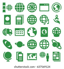World icons set. set of 25 world filled icons such as passport, globe, plane, news, ribbon on hand, international music, user globe, globe and man, newspaper