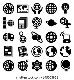 World icons set. set of 25 world filled icons such as globe, plane, globe and plane, news, laptop signal, newspaper, planet, planet and satellite, world map