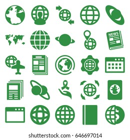 World icons set. set of 25 world filled icons such as passport, globe, globe and plane, ribbon on hand, news, newspaper, planet and satellite, planet, world map