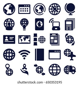 World icons set. set of 25 world filled icons such as passport, plane, globe and plane, qround the globe, ribbon on hand, wi-fi, laptop signal, newspaper, planet, world map