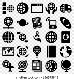 World icons set. set of 25 world filled icons such as passport, globe, globe and plane, ribbon on hand, news, laptop signal, newspaper, planet, world map