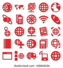 World icons set. set of 25 world filled icons such as passport, globe, plane, news, globe and plane, international music, wi-fi, laptop signal, newspaper, planet and satellite
