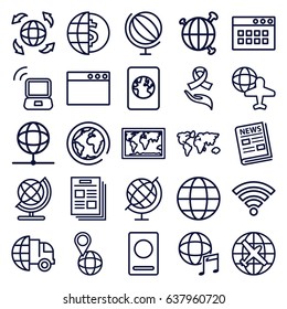 World icons set. set of 25 world outline icons such as passport, plane, globe, globe and plane, ribbon on hand, international music, news, wi-fi, laptop signal