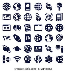 World icons set. set of 36 world filled icons such as passport, globe, plane, qround the globe, news, wi-fi, newspaper, planet, planet and satellite, world map