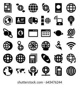 World icons set. set of 36 world filled icons such as passport, globe, plane, news, qround the globe, ribbon on hand, international music, wi-fi, laptop signal, newspaper