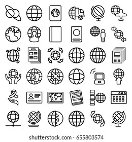 World icons set. set of 36 world outline icons such as passport, globe, plane, globe and plane, ribbon on hand, news, laptop signal, international delivery, world map