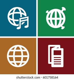 world icons set. Set of 4 world filled icons such as news, international music