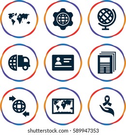 world icons set. Set of 9 world filled icons such as passport, qround the globe, ribbon on hand, globe in gear, globe, newspaper, world map