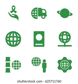 World icons set. set of 9 world filled icons such as passport, ribbon on hand, globe in gear, globe, globe and man, planet, international delivery
