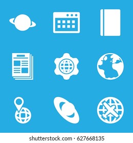 World icons set. set of 9 world filled icons such as passport, globe, plane, pin on globe, globe in gear, newspaper, planet