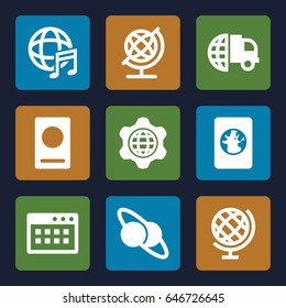 World icons set. set of 9 world filled icons such as passport, globe, international music, globe in gear, planet and satellite, international delivery