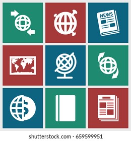 World icons set. set of 9 world filled icons such as passport, globe, qround the globe, news, newspaper, world map