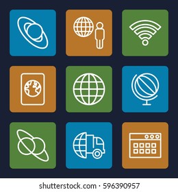 world icons set. Set of 9 world outline icons such as wi-fi, passport, globe, international delivery, planet, planet and satellite, browser window