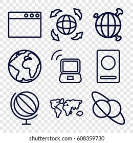 World icons set. set of 9 world outline icons such as passport, globe, laptop signal, world map, planet and satellite, browser window