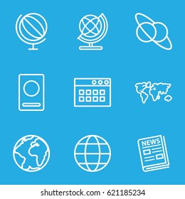 World icons set. set of 9 world outline icons such as passport, globe, news, world map, planet and satellite, browser window