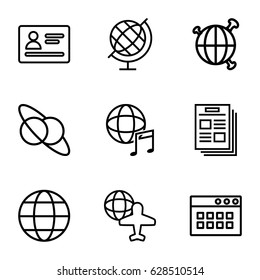 World icons set. set of 9 world outline icons such as passport, globe and plane, international music, globe, planet and satellite, browser window