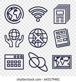 World icons set. set of 9 world outline icons such as plane, holding globe, news, wi-fi, world map, planet and satellite, planet, browser window