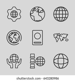World icons set. set of 9 world outline icons such as passport, globe, holding globe, globe in gear, world map, planet