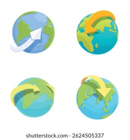 World icons set cartoon vector. Round globe with arrow around. Travel around world
